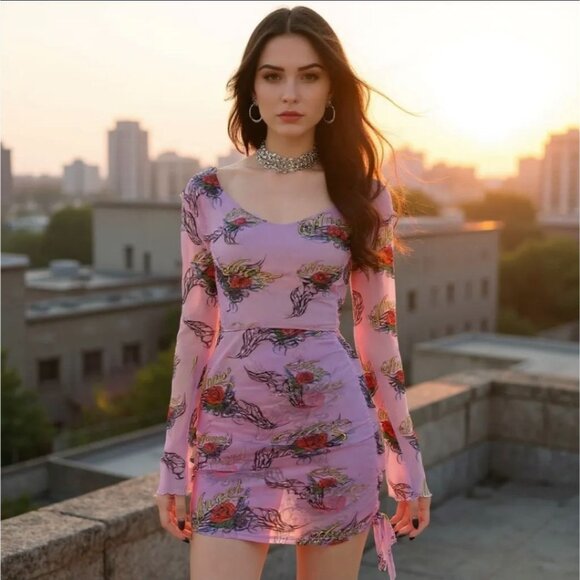 Ruched Tie Mini Skirt by NGOrder – Bold Festival Bloom Adjustable Edition NWT S - Picture 2 of 3